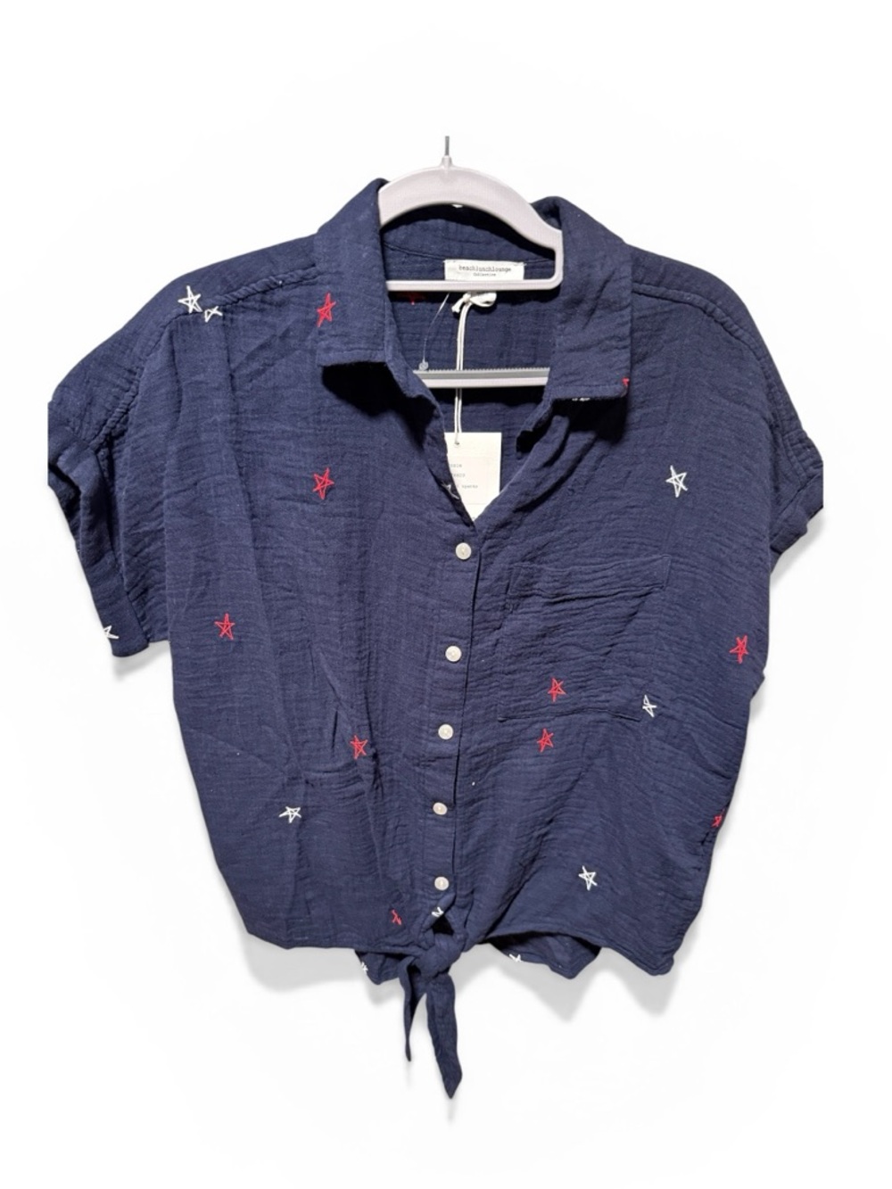 beachlunchlounge Navy Star-Embroidered Tie-Front Crop Top